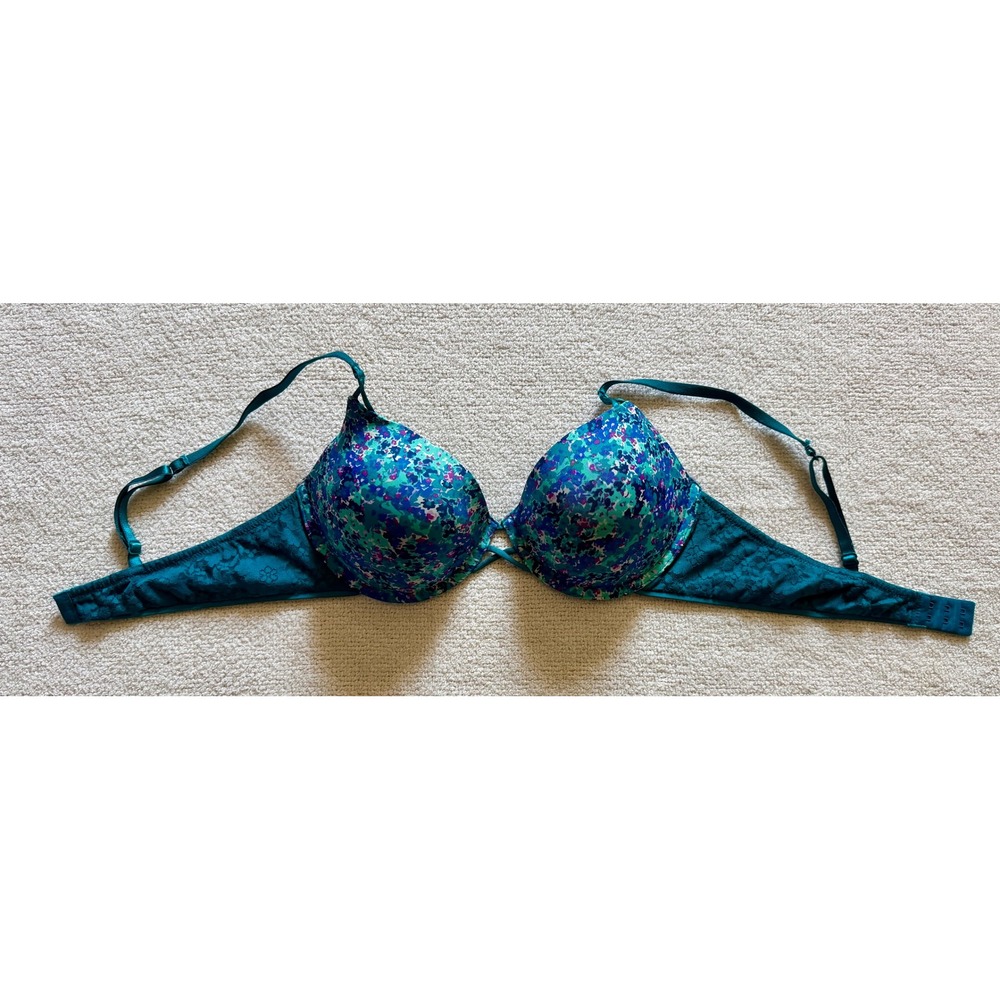 Candies Teal Floral Push Up Bra 36C Underwire Lace Wings Multi Color Padded